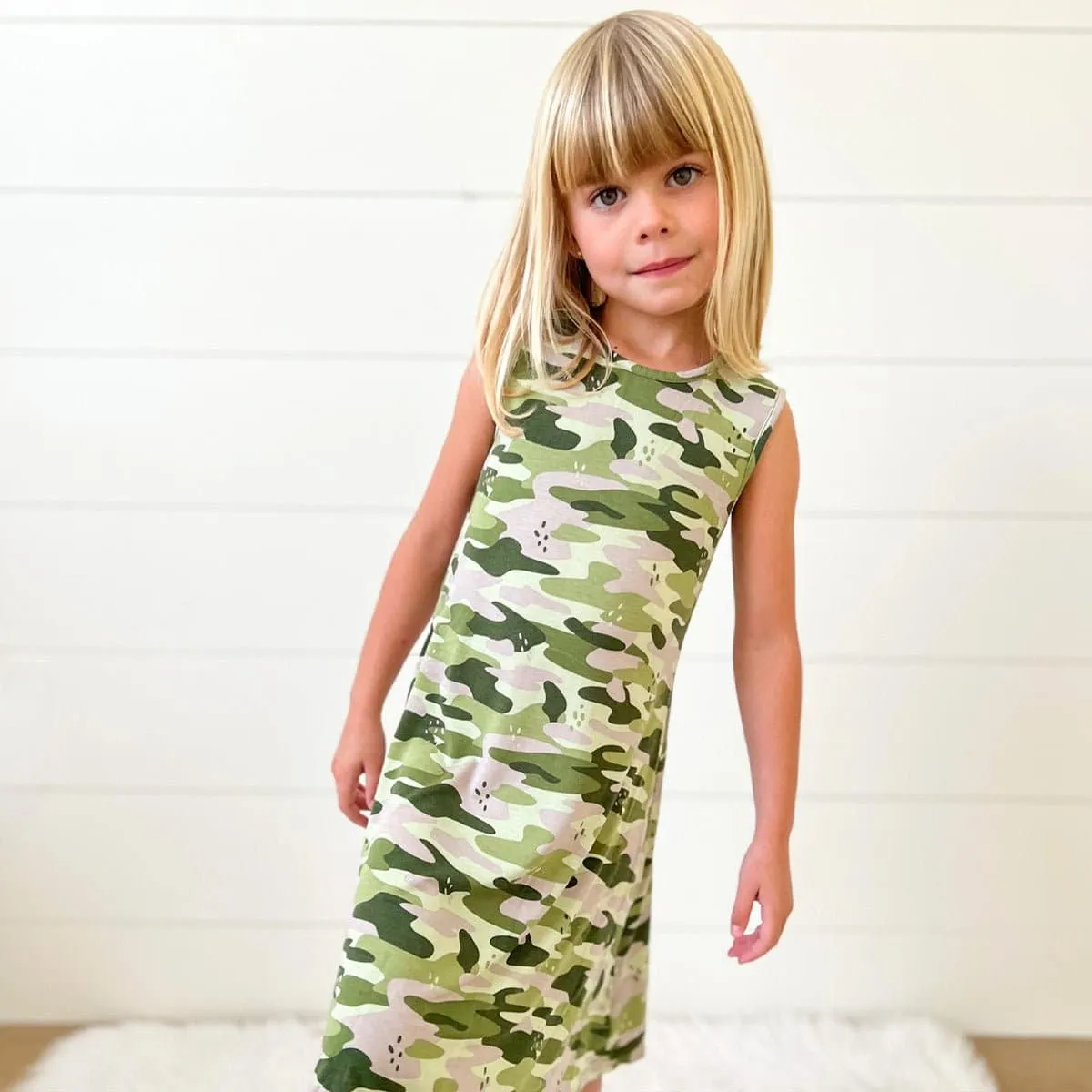 Green Camo Bamboo Girls' Sleeveless Dress