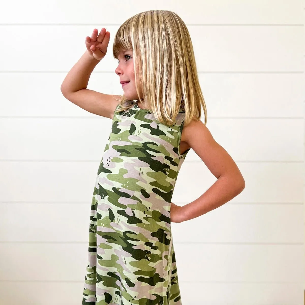 Green Camo Bamboo Girls' Sleeveless Dress