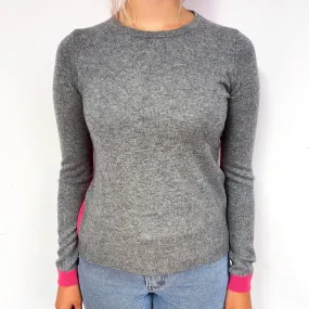 Grey and Pink Two Tone Cashmere Crew Neck Jumper Small