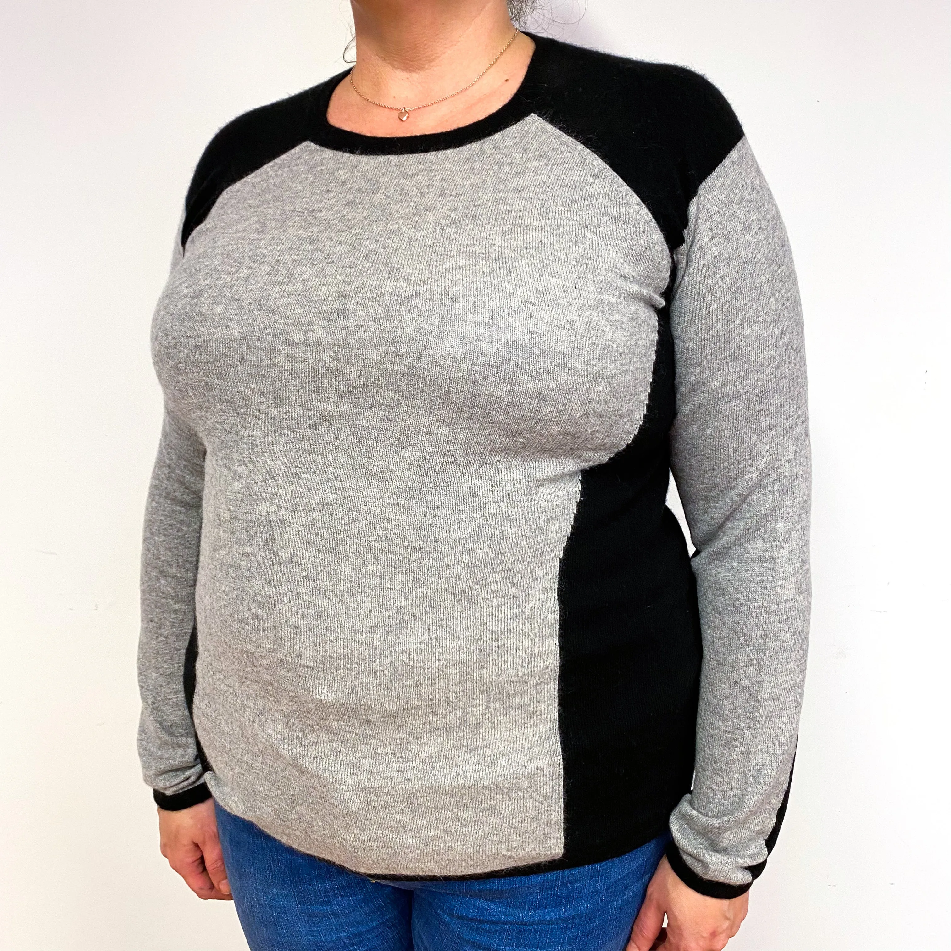 Grey Black Colour Block Cashmere Crew Neck Jumper Extra Large