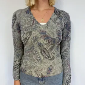 Grey Paisley Cashmere V-Neck Jumper Small