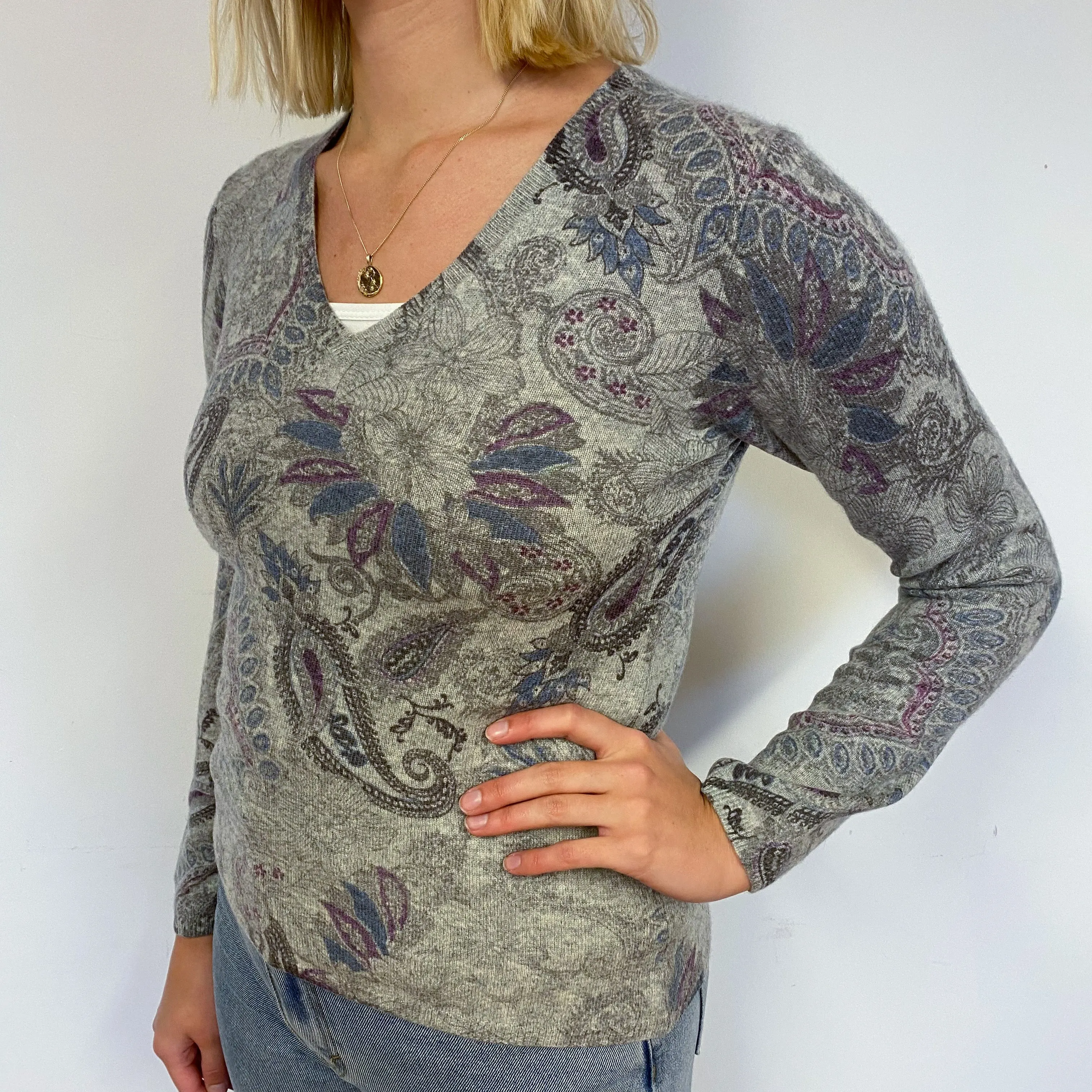 Grey Paisley Cashmere V-Neck Jumper Small