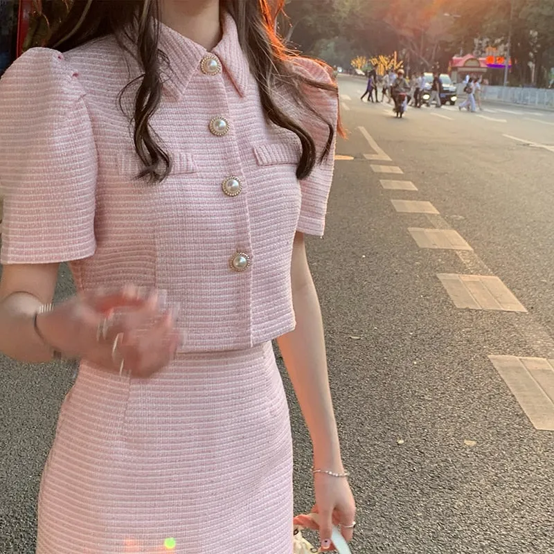 Harajuku Kawaii Fashion Korean Wonyoung Baby Pink Tweed Skirt Suit