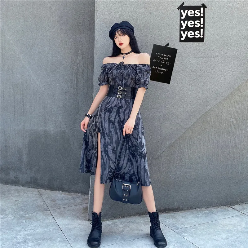 Harajuku style dark gothic cool girl off shoulder split hem tie-dyed ruffled midi dress belt girdle