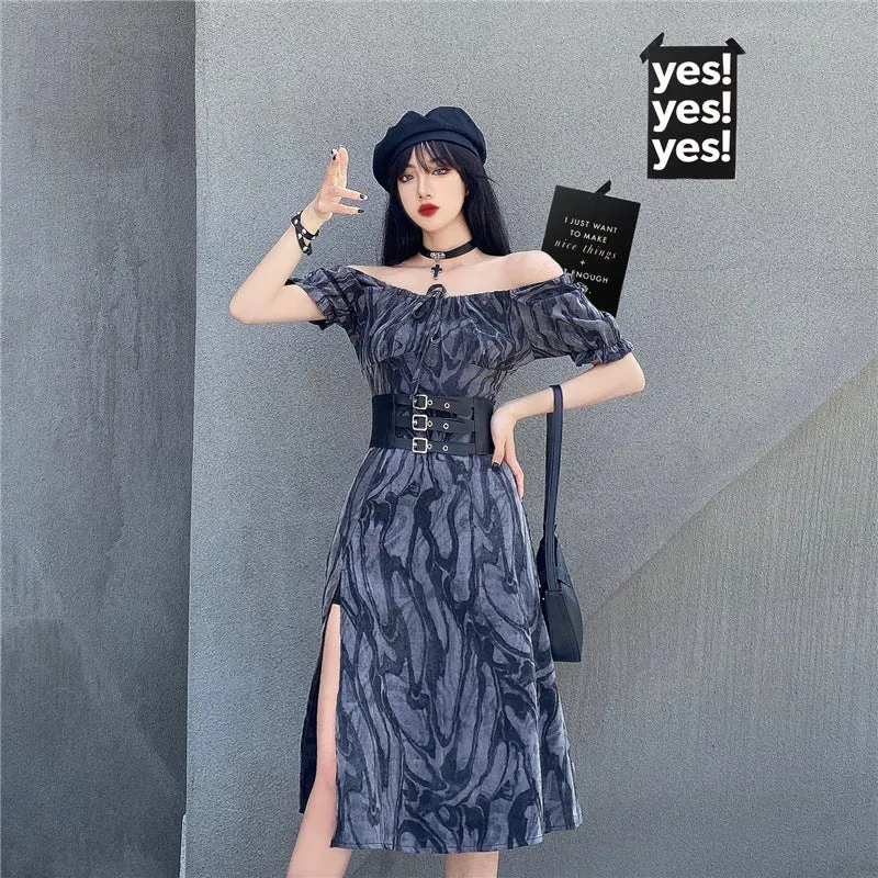 Harajuku style dark gothic cool girl off shoulder split hem tie-dyed ruffled midi dress belt girdle