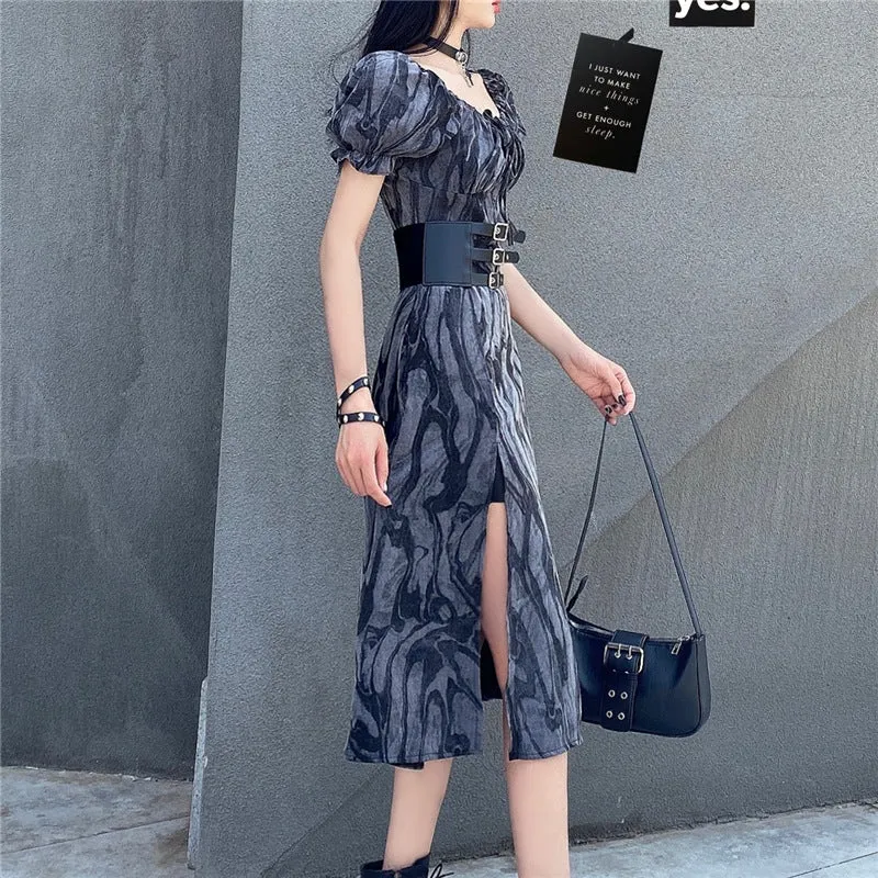 Harajuku style dark gothic cool girl off shoulder split hem tie-dyed ruffled midi dress belt girdle