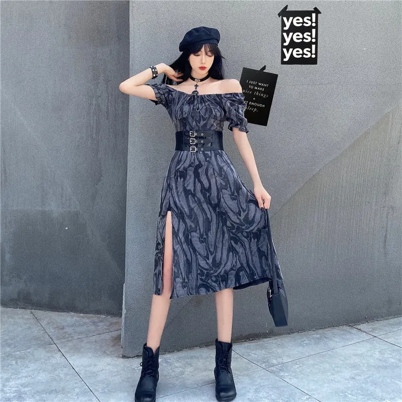 Harajuku style dark gothic cool girl off shoulder split hem tie-dyed ruffled midi dress belt girdle