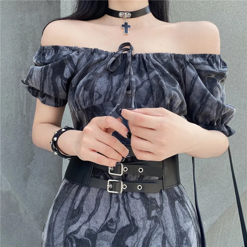Harajuku style dark gothic cool girl off shoulder split hem tie-dyed ruffled midi dress belt girdle