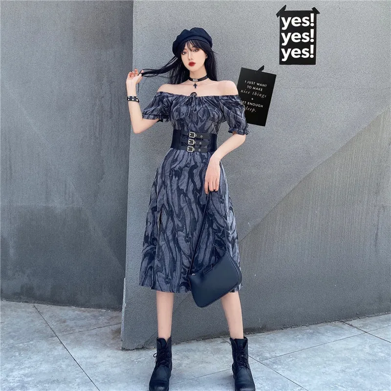 Harajuku style dark gothic cool girl off shoulder split hem tie-dyed ruffled midi dress belt girdle