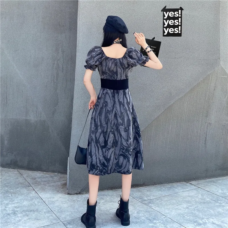 Harajuku style dark gothic cool girl off shoulder split hem tie-dyed ruffled midi dress belt girdle