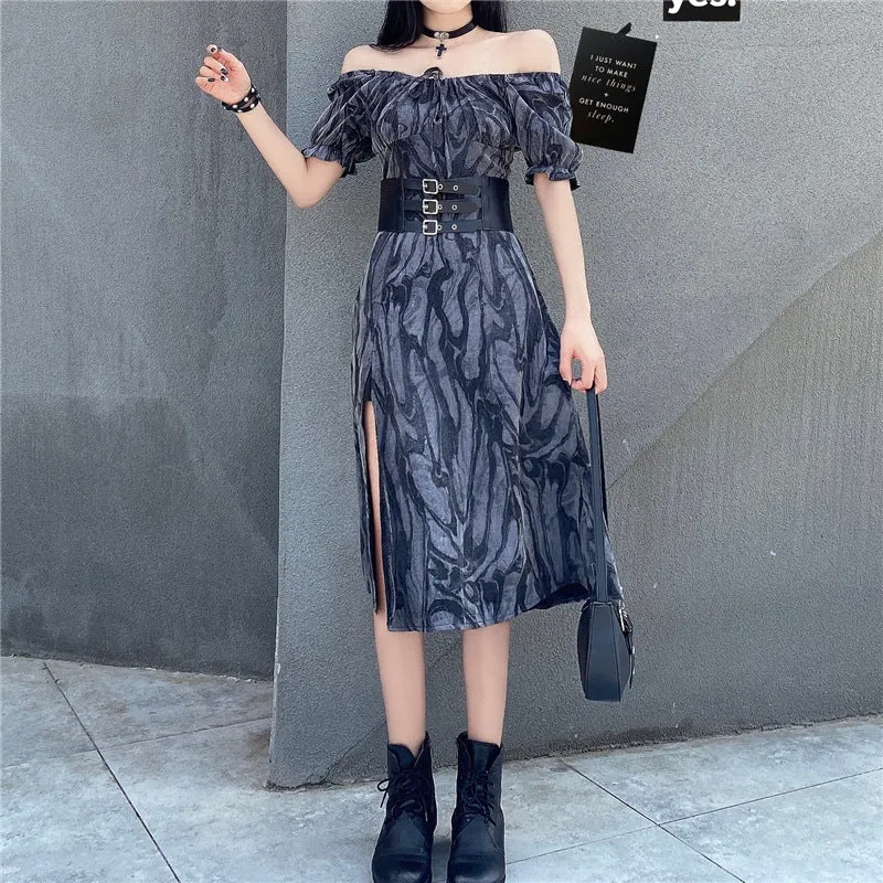 Harajuku style dark gothic cool girl off shoulder split hem tie-dyed ruffled midi dress belt girdle