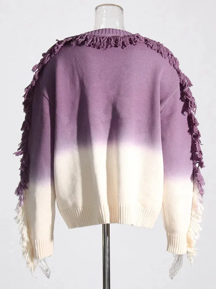 Hit Color Casual Sweaters For Women Round Neck Long Sleeve Patchwork Tassel Chic Sweater Female Fashion Clothing