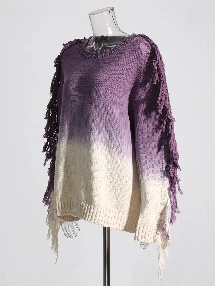 Hit Color Casual Sweaters For Women Round Neck Long Sleeve Patchwork Tassel Chic Sweater Female Fashion Clothing