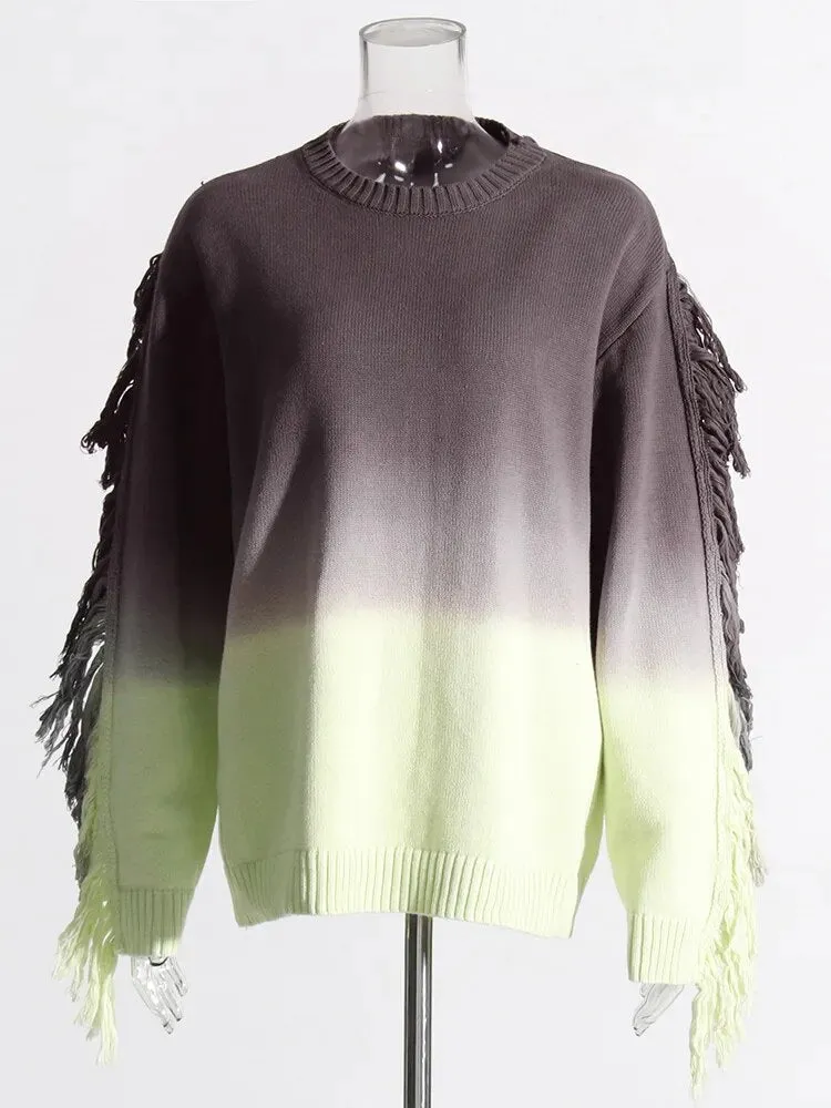 Hit Color Casual Sweaters For Women Round Neck Long Sleeve Patchwork Tassel Chic Sweater Female Fashion Clothing