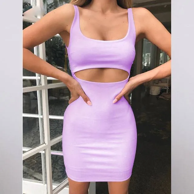 Hollow Out Sleeveless One Shoulder Bandage Women Bodycon Mini Dress