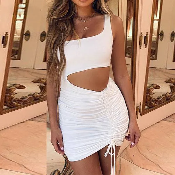 Hollow Out Sleeveless One Shoulder Bandage Women Bodycon Mini Dress