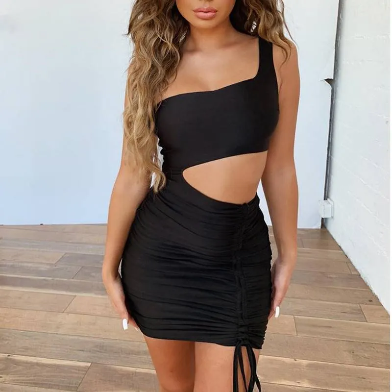 Hollow Out Sleeveless One Shoulder Bandage Women Bodycon Mini Dress