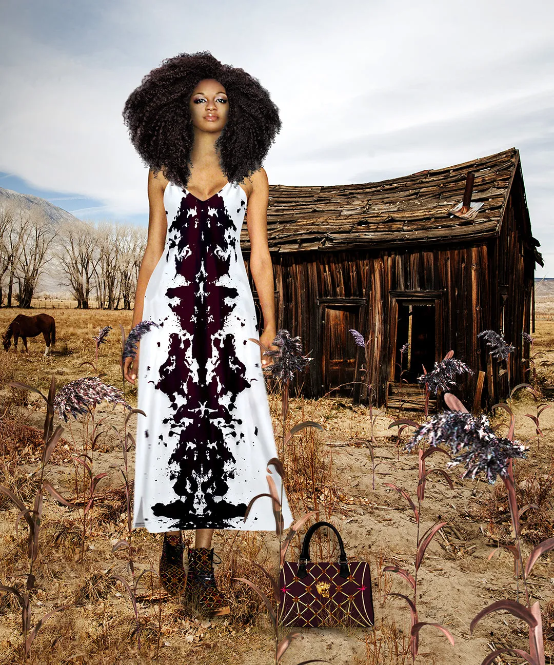 Ink Blot- 100% Silk Satin French Gothic V Neck Slip Dress in Eggplant Wine | Le Leanian™
