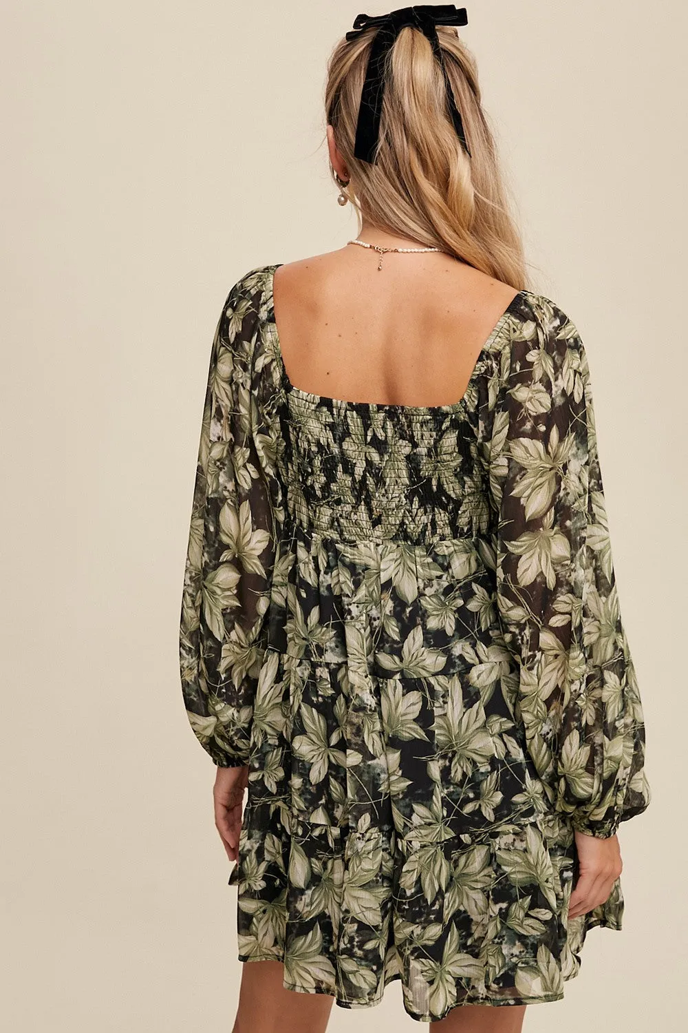 Kali Leaf Print Square Neck Tiered Mini Dress