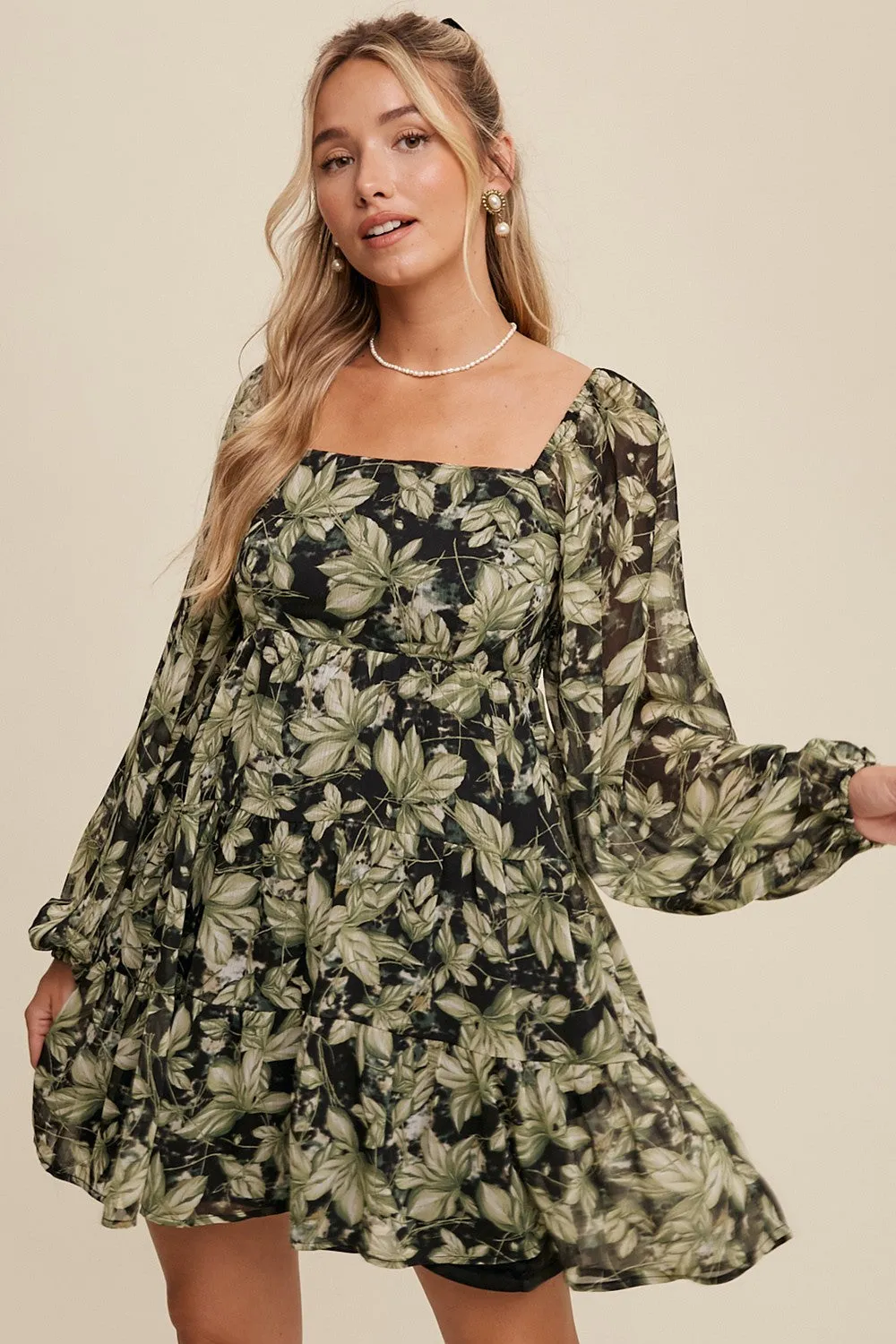 Kali Leaf Print Square Neck Tiered Mini Dress