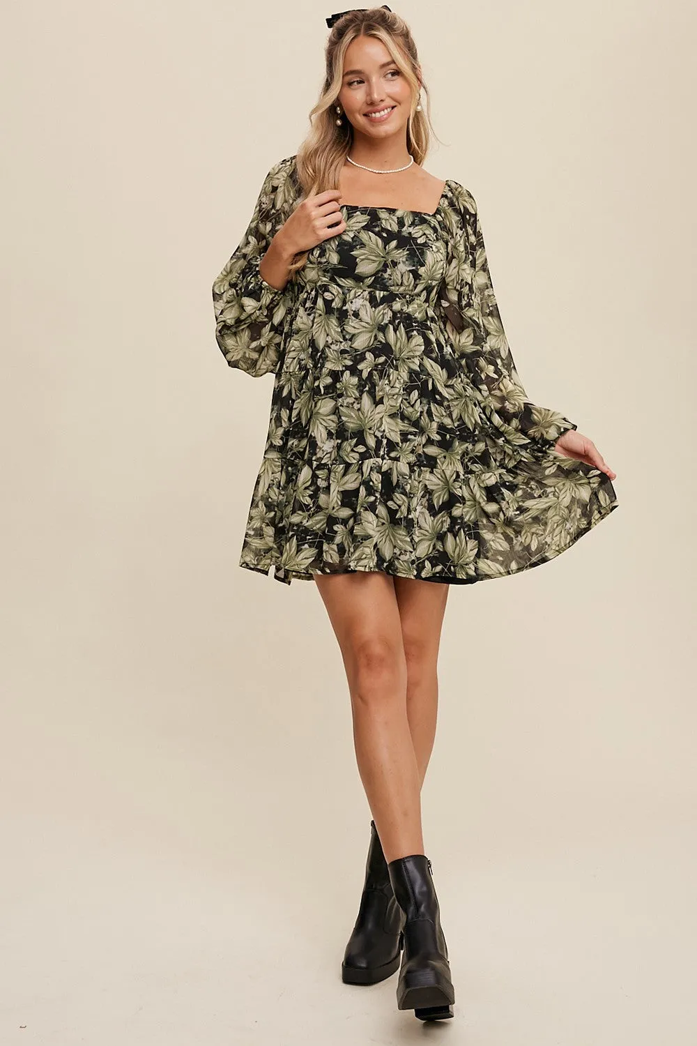 Kali Leaf Print Square Neck Tiered Mini Dress