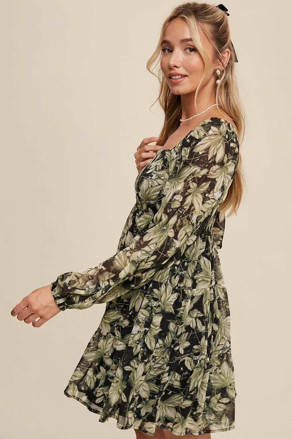 Kali Leaf Print Square Neck Tiered Mini Dress