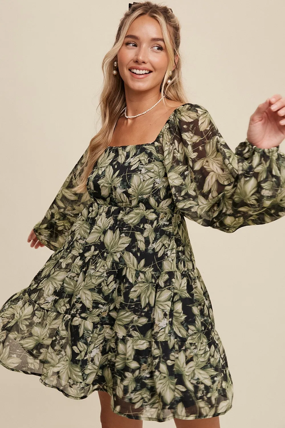 Kali Leaf Print Square Neck Tiered Mini Dress
