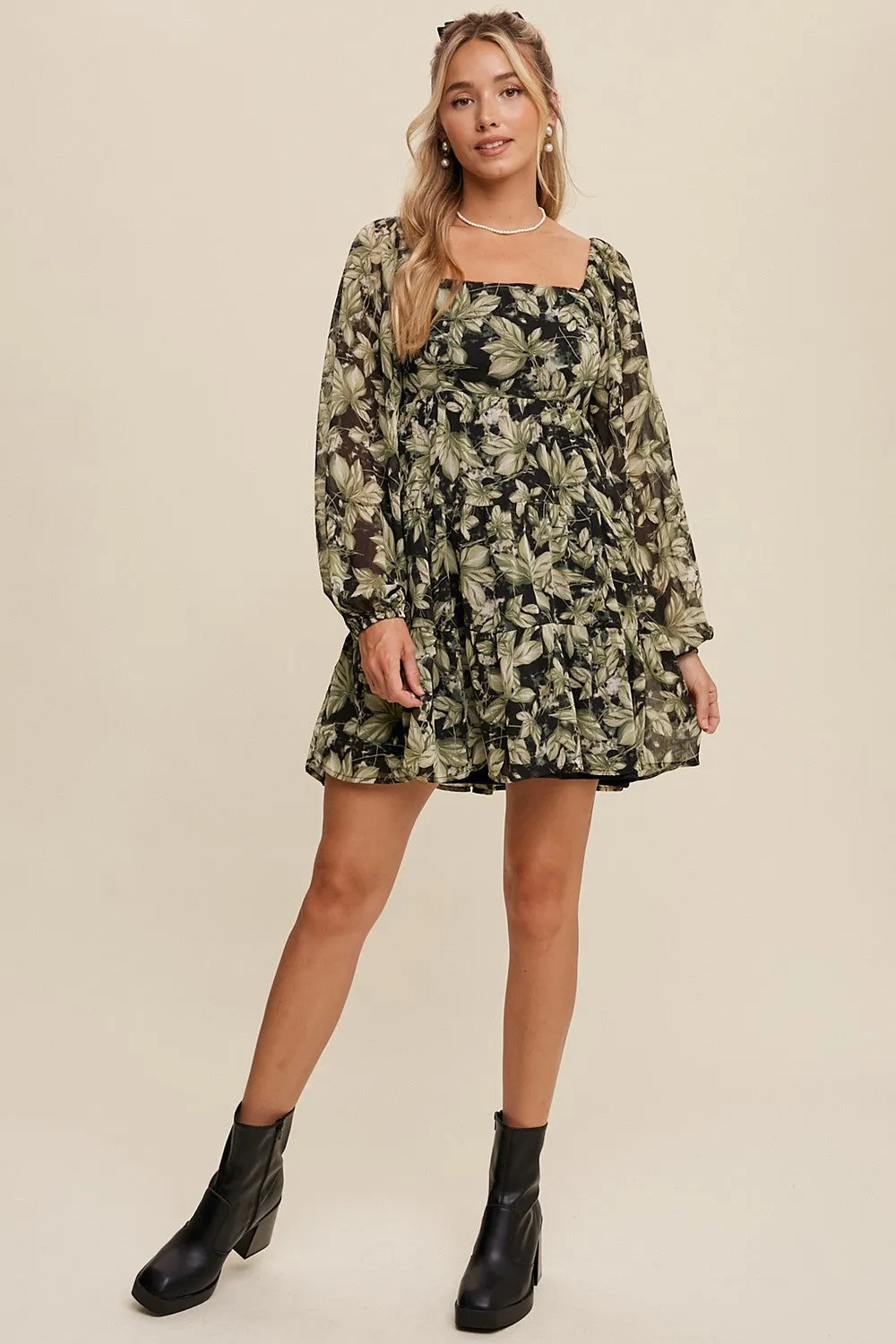 Kali Leaf Print Square Neck Tiered Mini Dress