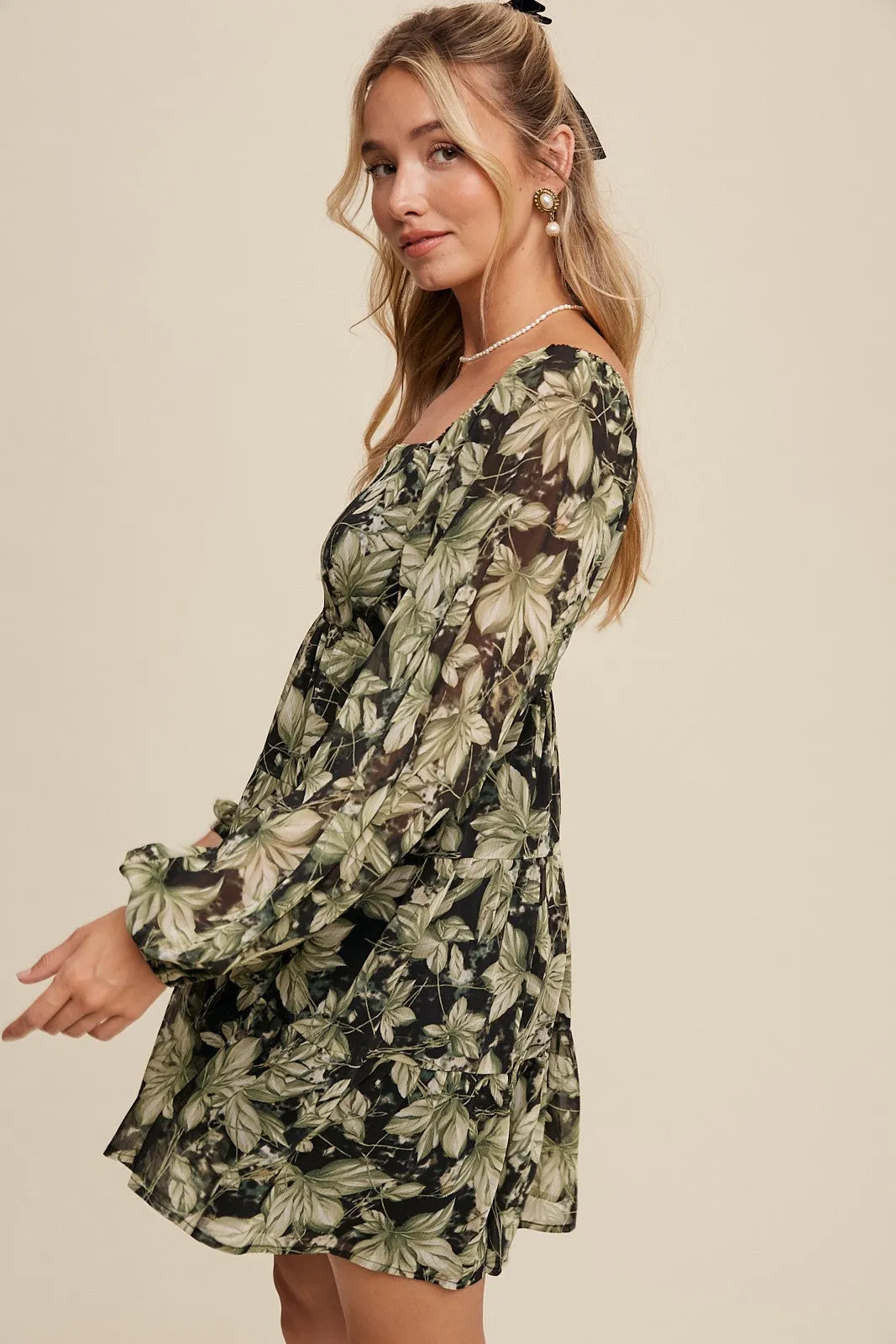 Kali Leaf Print Square Neck Tiered Mini Dress