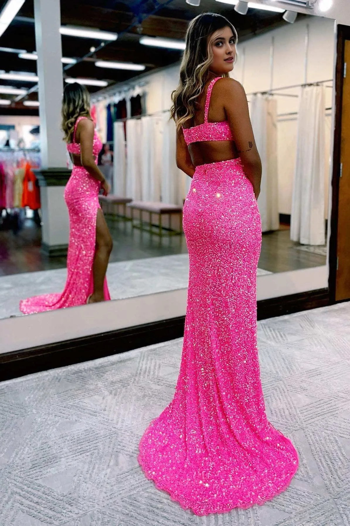 kamahe Fuchsia Sequined V-Neck Cut Out Prom Dress