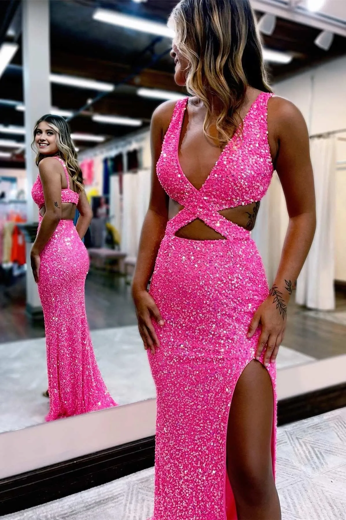 kamahe Fuchsia Sequined V-Neck Cut Out Prom Dress