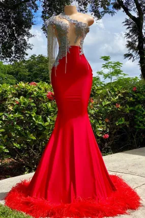 kamahe Mermaid Asymmetrical Appliques Lace Sequined Open Back One Shoulder Floor-length Sleeveless Prom Dress With Feather