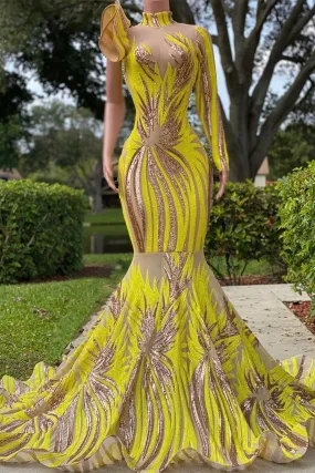 kamahe Mermaid High Neck One Shoulder Sequined Floor-length Long Sleeve Lace Prom Dress