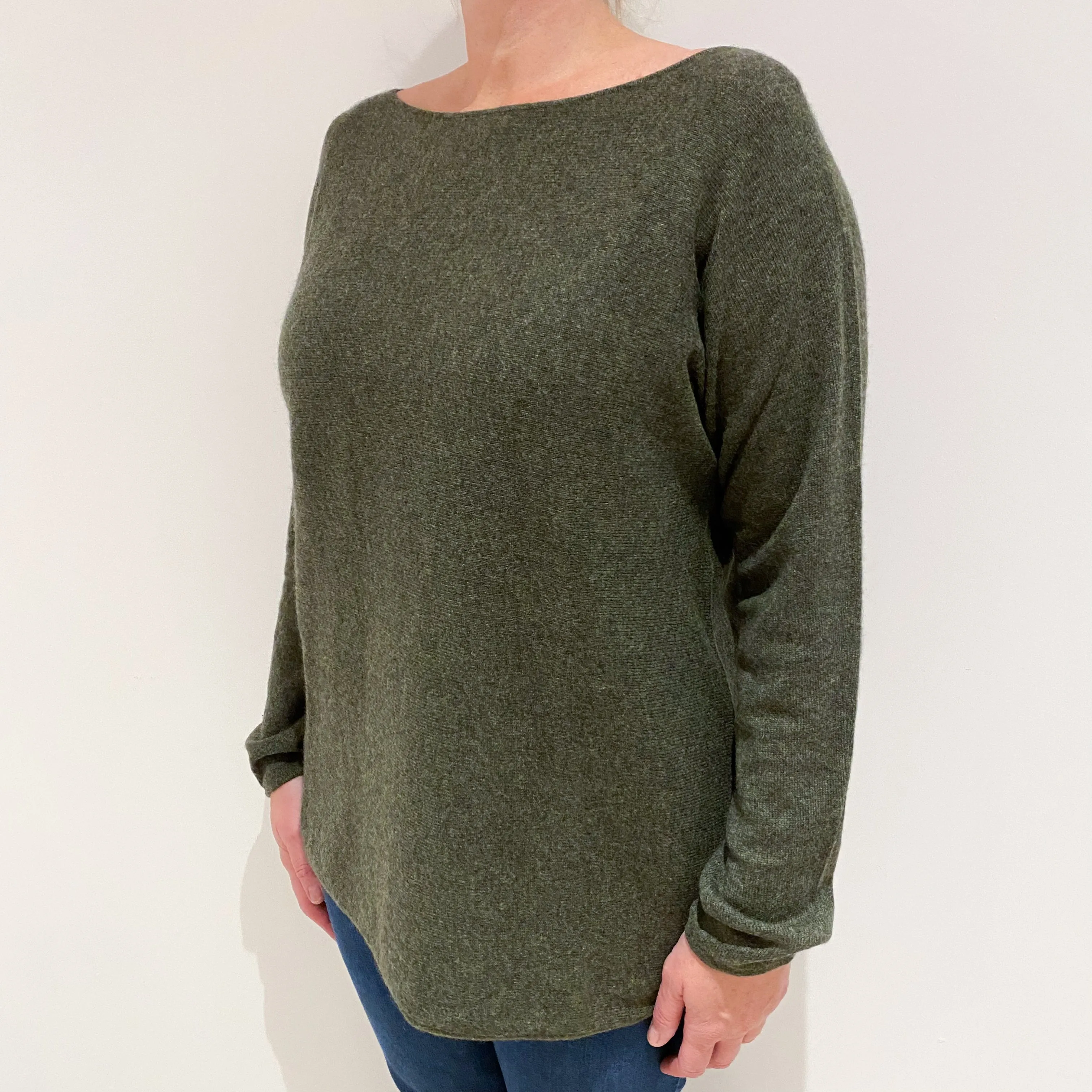 Khaki Green Batwing Cashmere Crew Neck Jumper Large
