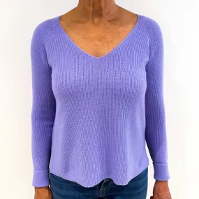 Lavender Purple Ribbed Cashmere V-Neck Jumper Medium