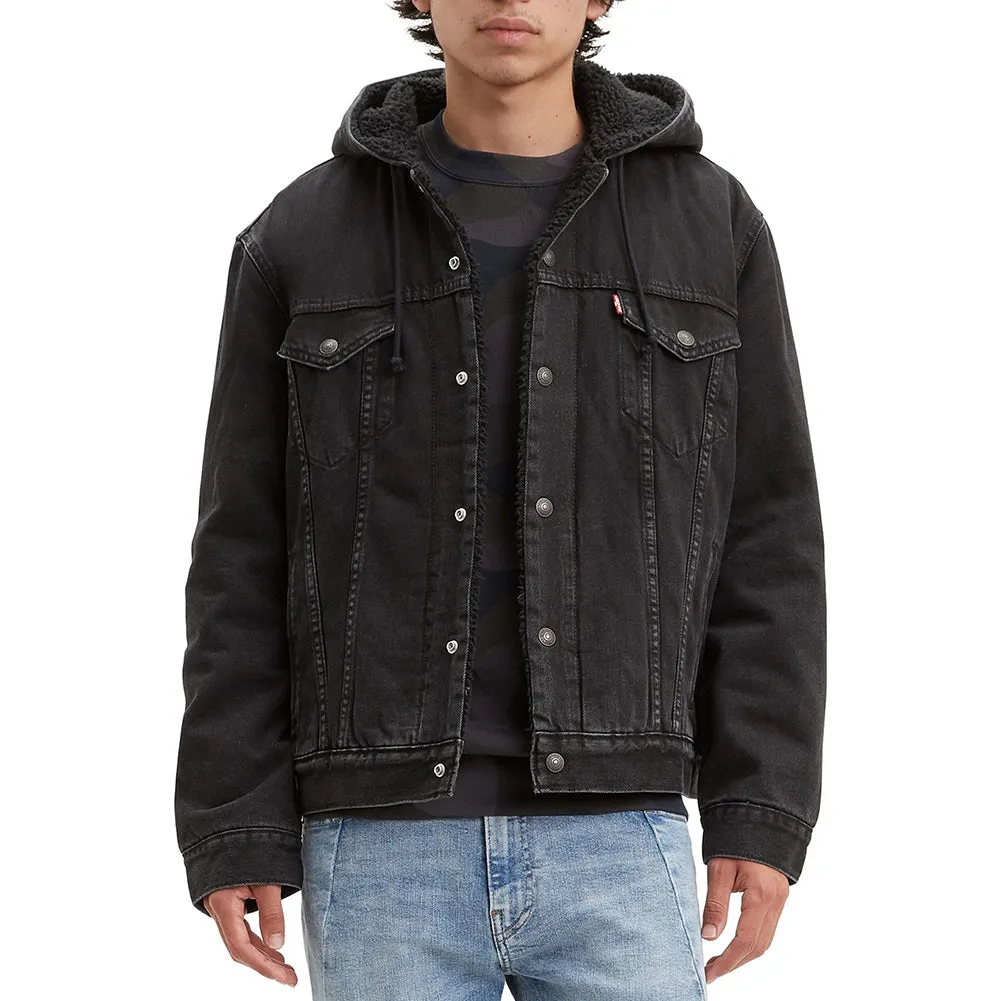 Levis Mens Jacket Denim Sherpa Lined Hooded Jean Jacket Pocket Drawstring 85244