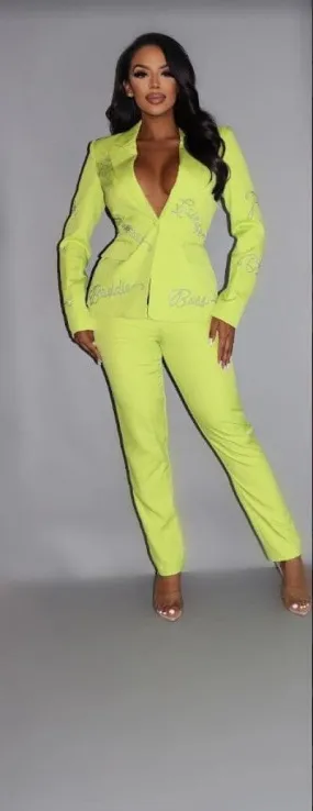 Lime Green Rhinestone letterings Long Sleeve blazer and pant set_