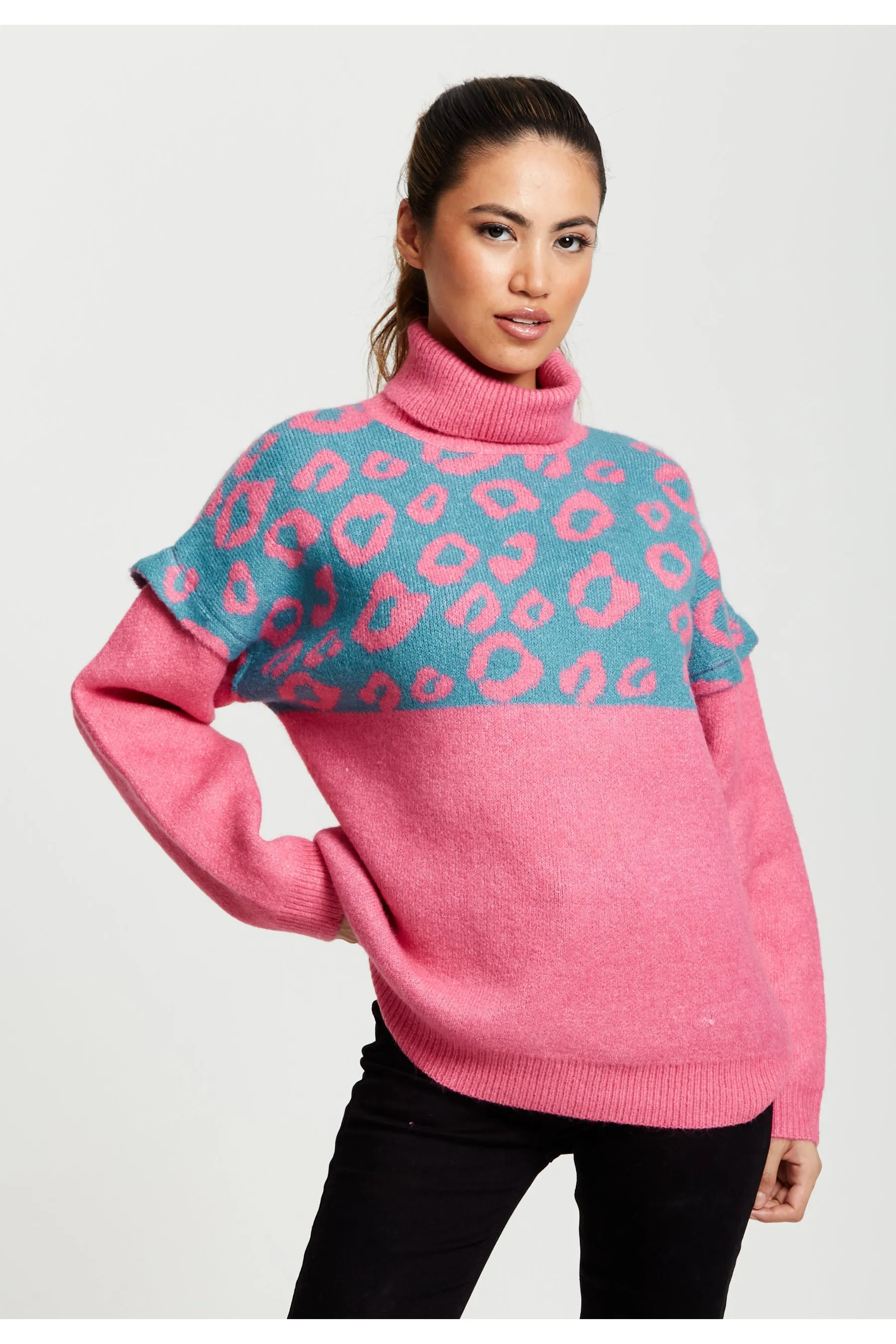 Liquorish Animal Pattern Roll Neck Jumper