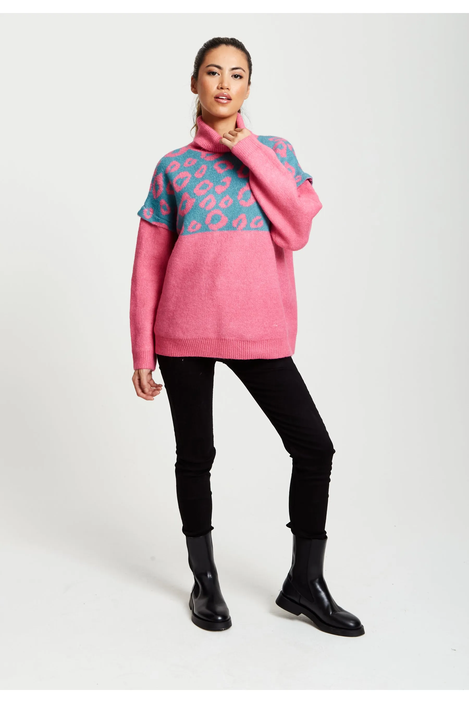 Liquorish Animal Pattern Roll Neck Jumper