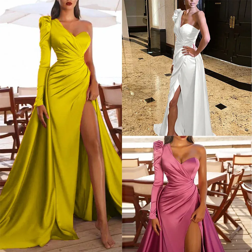 Long-one sleeved satin dress - Multiple Colors