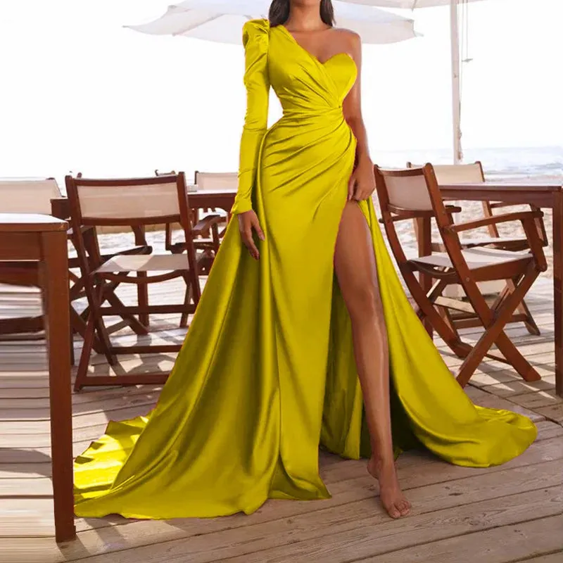 Long-one sleeved satin dress - Multiple Colors