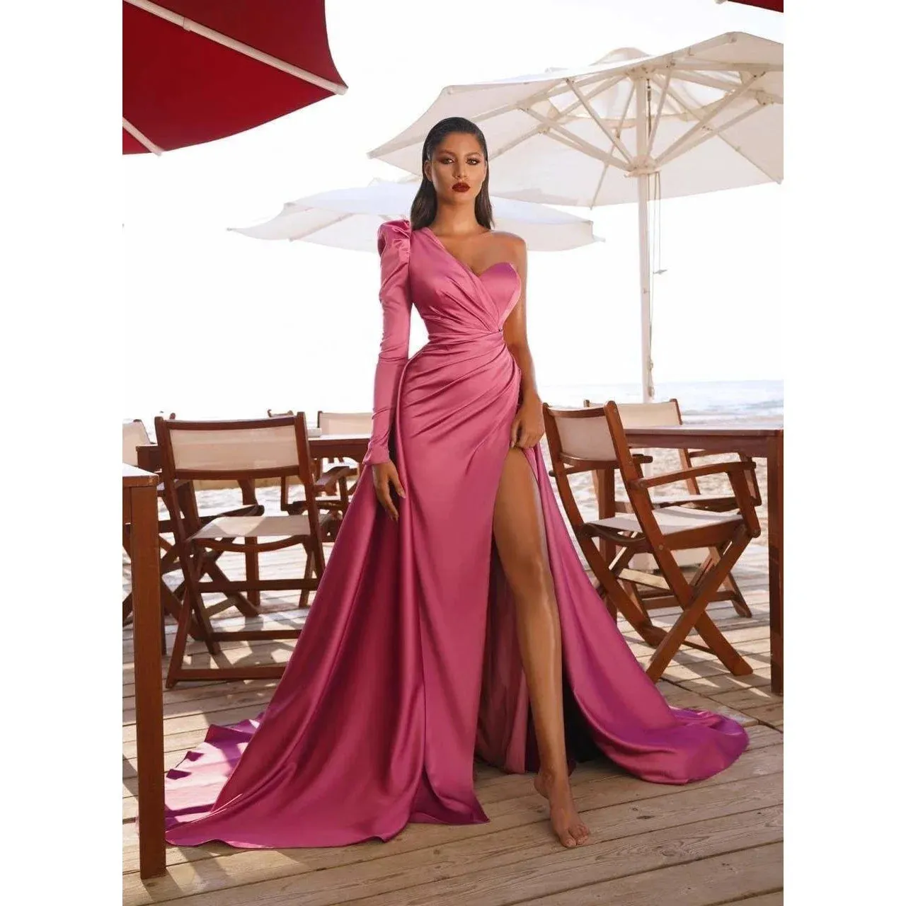 Long-one sleeved satin dress - Multiple Colors