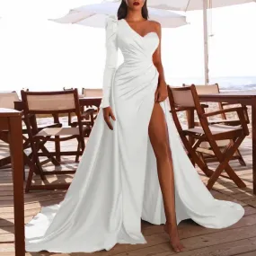 Long-one sleeved satin dress - Multiple Colors