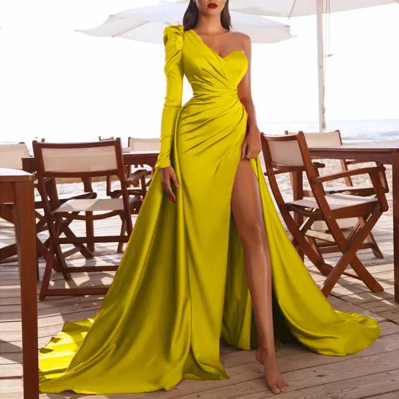 Long-one sleeved satin dress - Multiple Colors