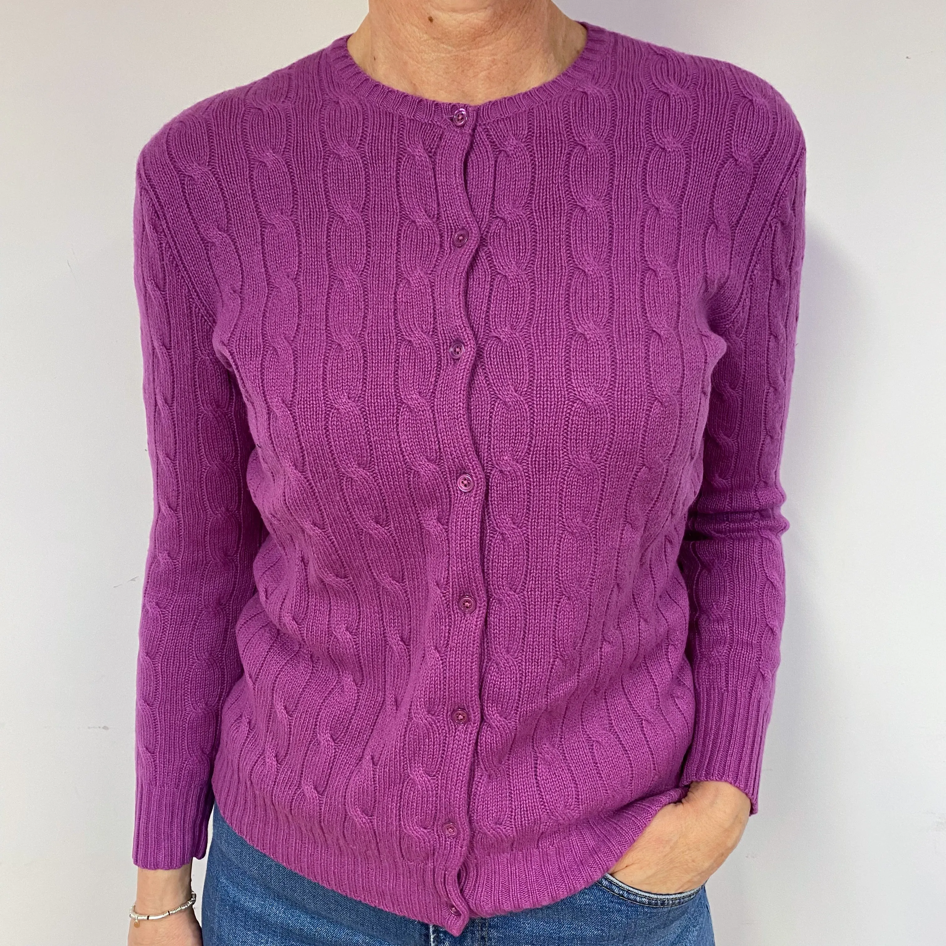 Magenta Pink Cable Cashmere Crew Neck Cardigan