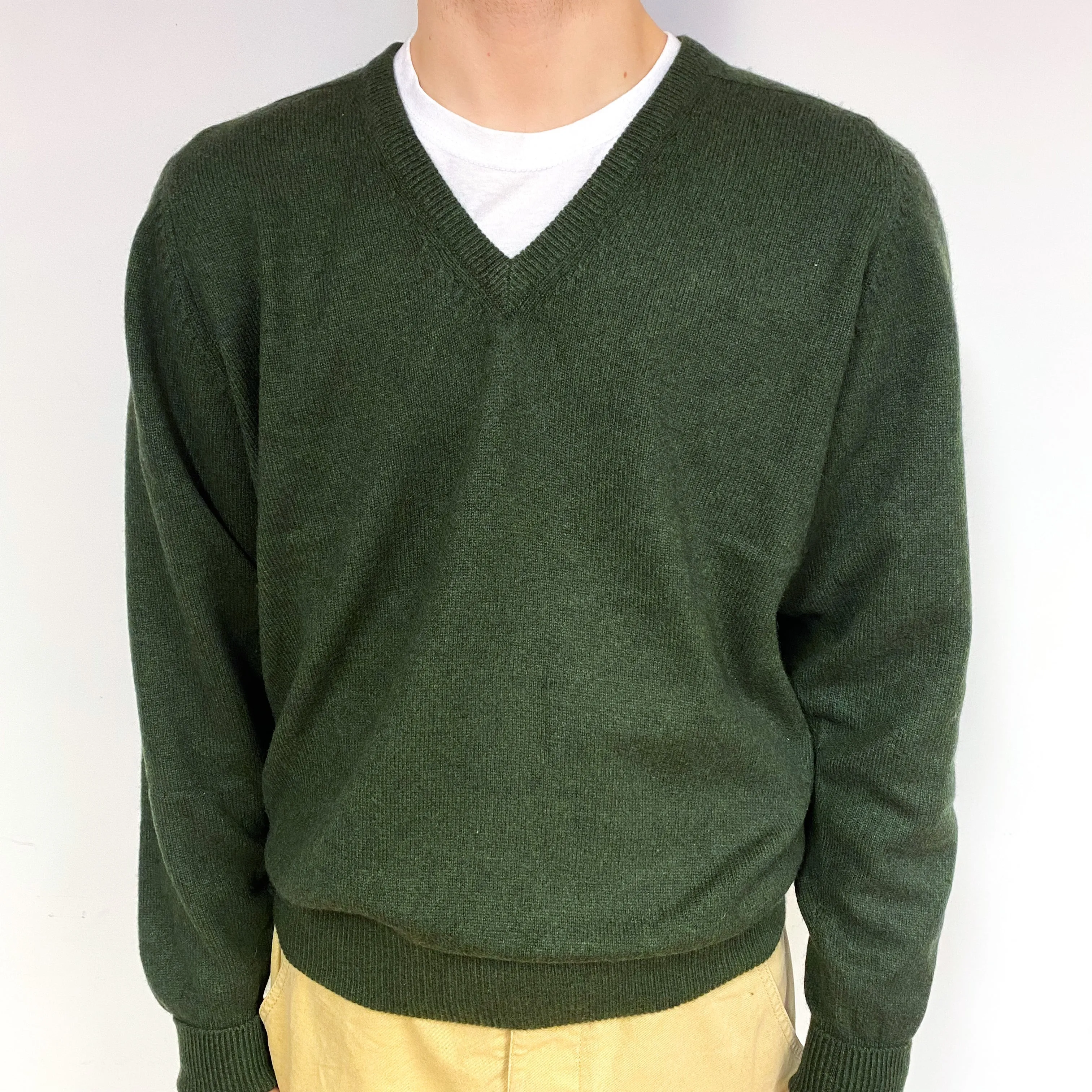 Men's Dark Khaki Green Cashmere V-Neck Jumper Large