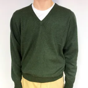 Men's Dark Khaki Green Cashmere V-Neck Jumper Large