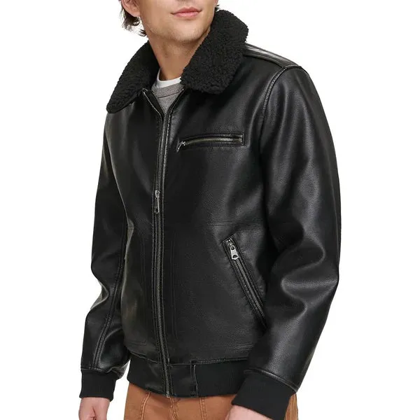 Men's Faux Shearling Sherpa Collar Bomber Leather Jacket