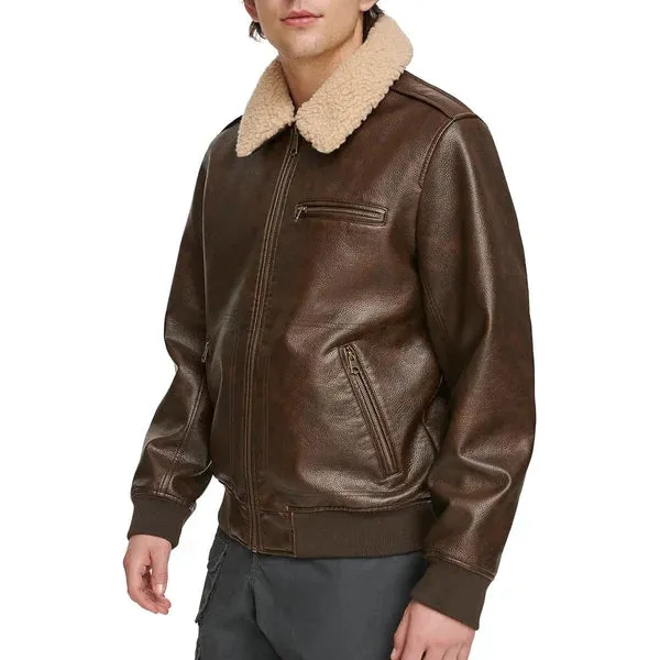 Men's Faux Shearling Sherpa Collar Bomber Leather Jacket