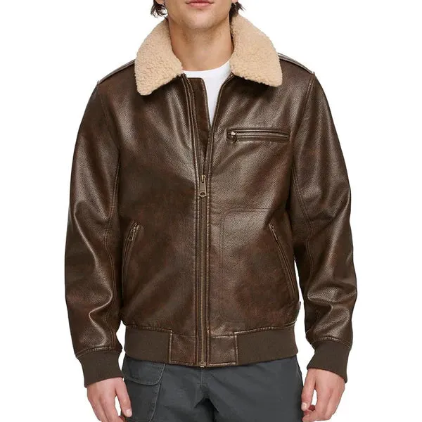 Men's Faux Shearling Sherpa Collar Bomber Leather Jacket